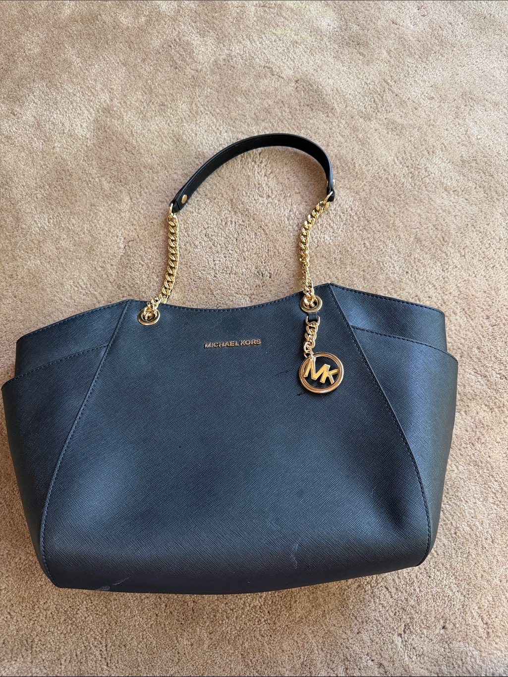 Michael Kors Black Saffiano Leather Tote With Gold Chain Detail